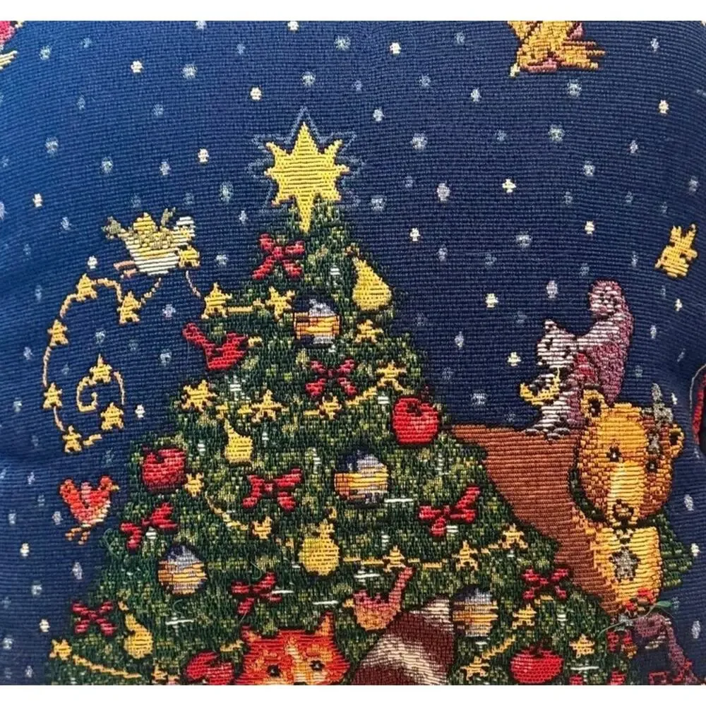 Vintage Christmas Tree Woodland Creatures Tapestry Pillow 18” Blue 3648-21